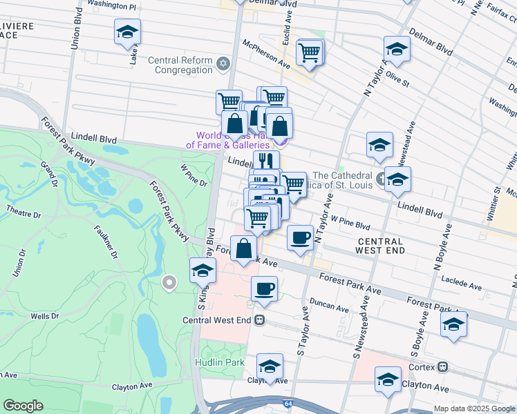 map of restaurants, bars, coffee shops, grocery stores, and more near 4906 West Pine Boulevard in St. Louis