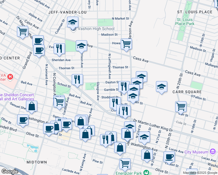 map of restaurants, bars, coffee shops, grocery stores, and more near 2801 Gamble Street in St. Louis