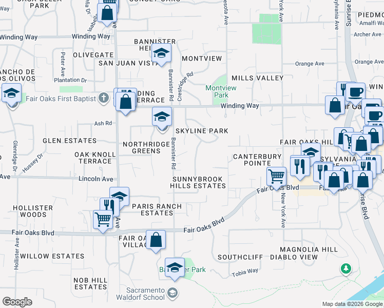 map of restaurants, bars, coffee shops, grocery stores, and more near 4233 Brookhill Drive in Fair Oaks