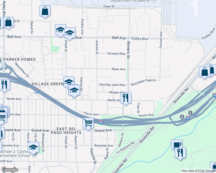 map of restaurants, bars, coffee shops, grocery stores, and more near 4151 Mogan Valley Street in Sacramento