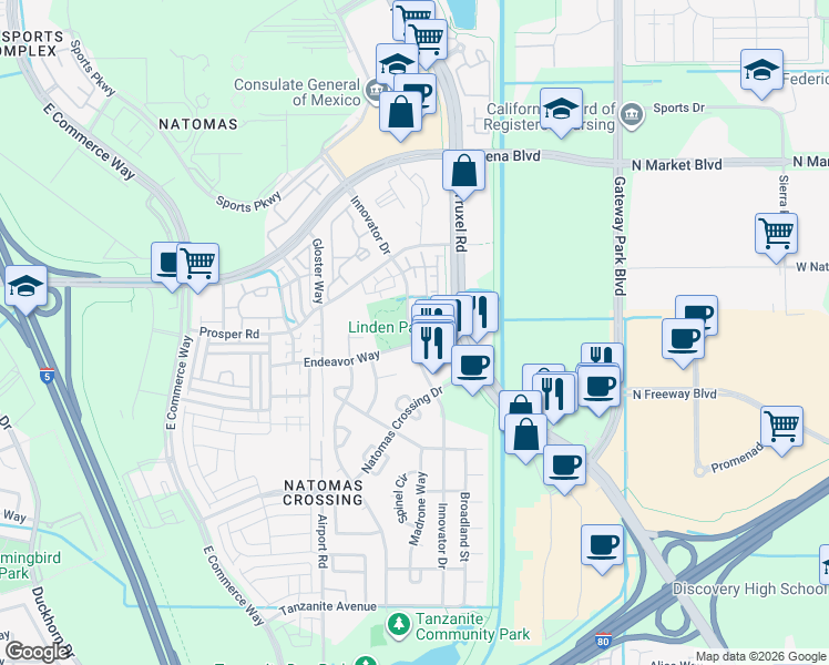 map of restaurants, bars, coffee shops, grocery stores, and more near 4000 Innovator Drive in Sacramento