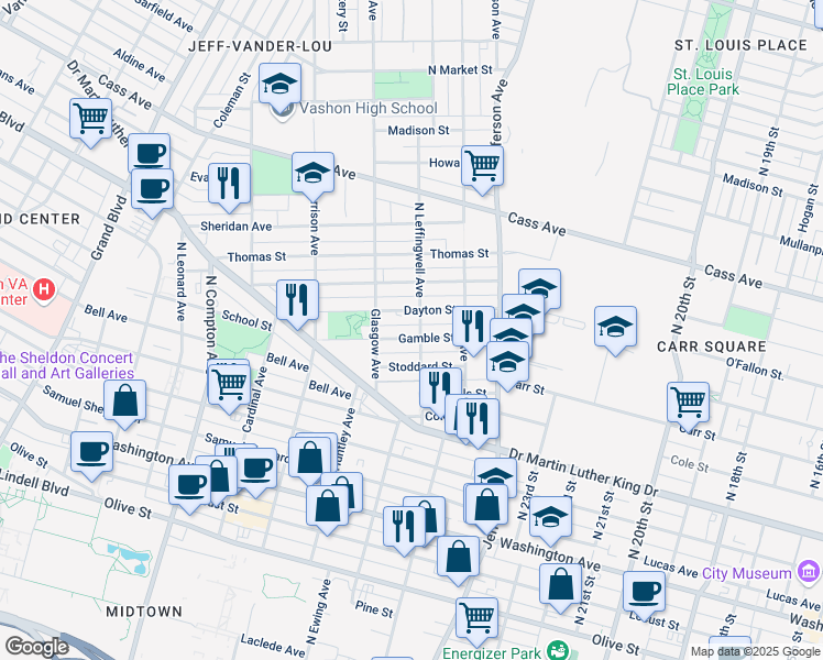 map of restaurants, bars, coffee shops, grocery stores, and more near 2801 Gamble Street in St. Louis