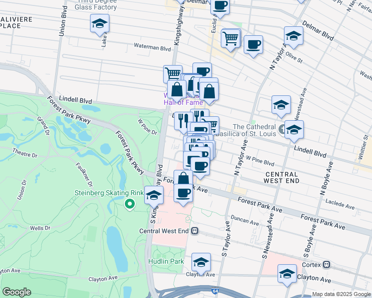 map of restaurants, bars, coffee shops, grocery stores, and more near 4906 West Pine Boulevard in St. Louis
