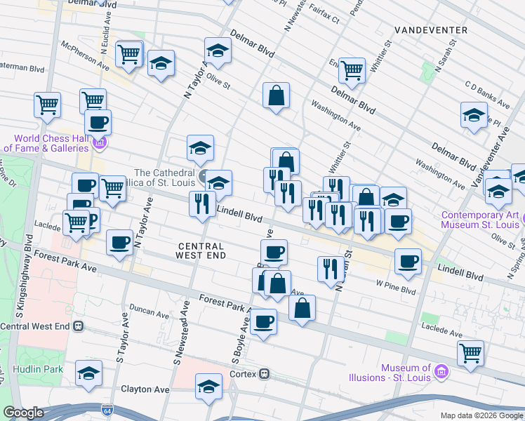 map of restaurants, bars, coffee shops, grocery stores, and more near 322 North Boyle Avenue in St. Louis