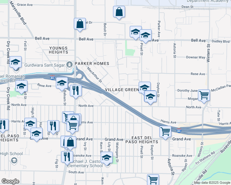 map of restaurants, bars, coffee shops, grocery stores, and more near 204 Wainwright Court in Sacramento