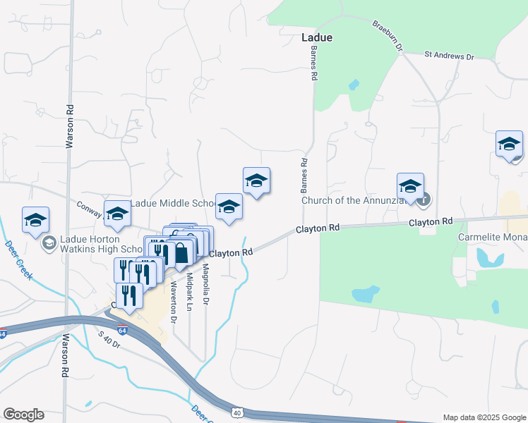map of restaurants, bars, coffee shops, grocery stores, and more near 9501 Clayton Road in St. Louis
