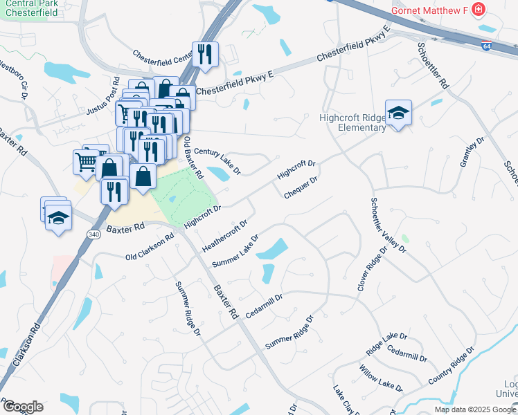 map of restaurants, bars, coffee shops, grocery stores, and more near 1716 Heathercroft Drive in Chesterfield