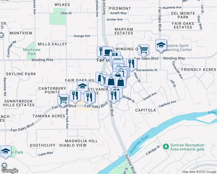 map of restaurants, bars, coffee shops, grocery stores, and more near 4160 Sunrise Boulevard in Fair Oaks