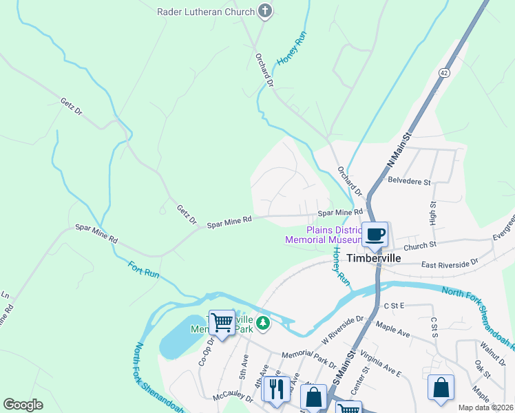 map of restaurants, bars, coffee shops, grocery stores, and more near 5141 Dogwood Court in Timberville