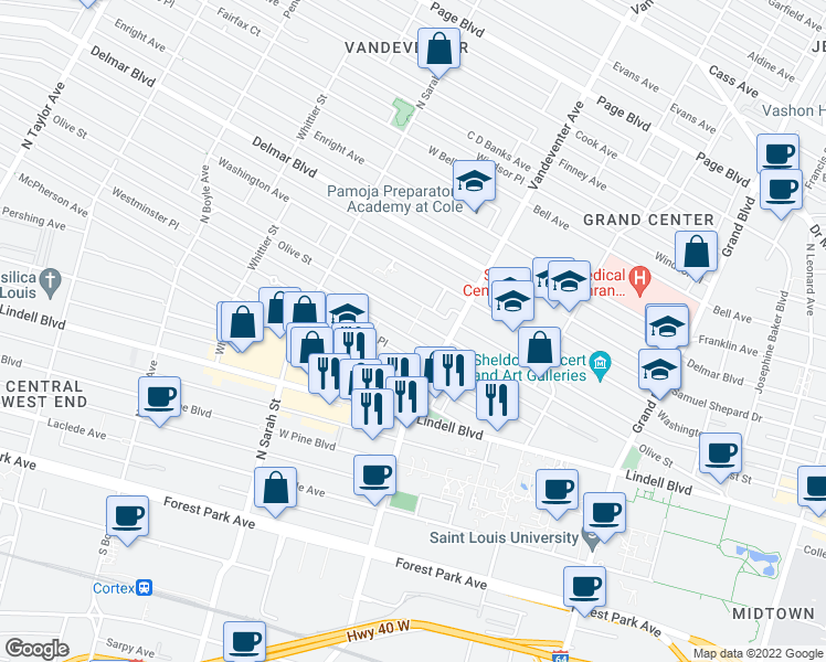 map of restaurants, bars, coffee shops, grocery stores, and more near 3932 Olive Street in Saint Louis