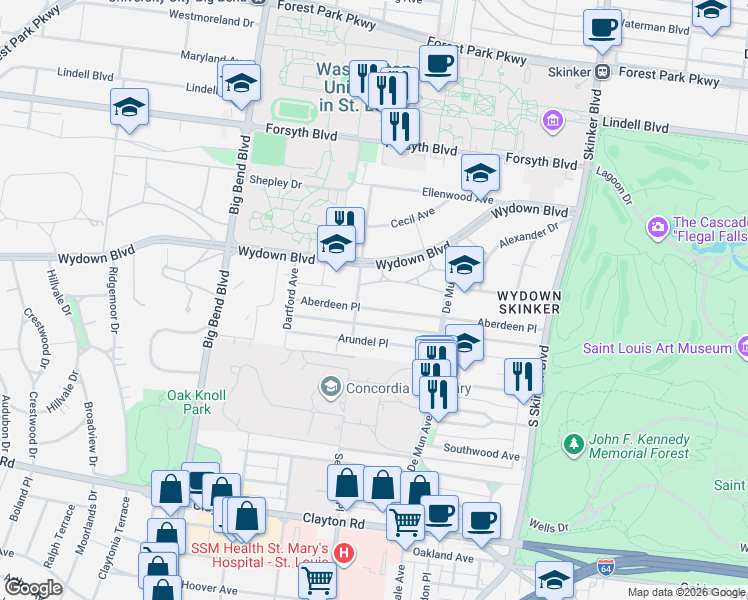 map of restaurants, bars, coffee shops, grocery stores, and more near 79 Aberdeen Place in St. Louis