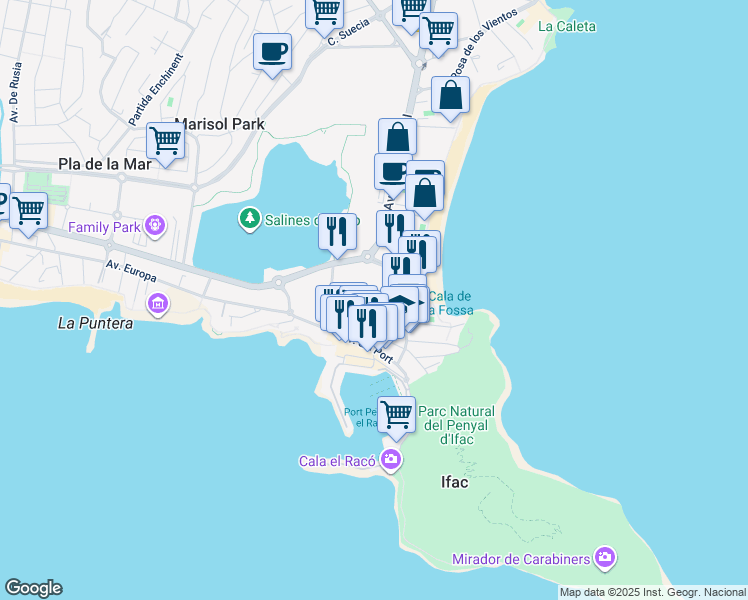map of restaurants, bars, coffee shops, grocery stores, and more near 4 Calle Teulada in Calpe