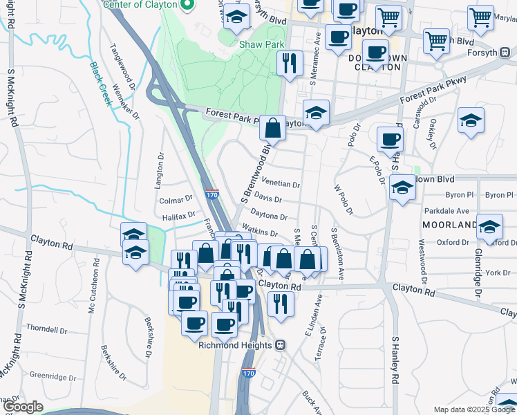 map of restaurants, bars, coffee shops, grocery stores, and more near 8049 Daytona Drive in Clayton