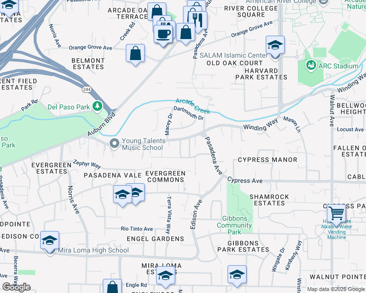 map of restaurants, bars, coffee shops, grocery stores, and more near 4220 Elva Way in Sacramento