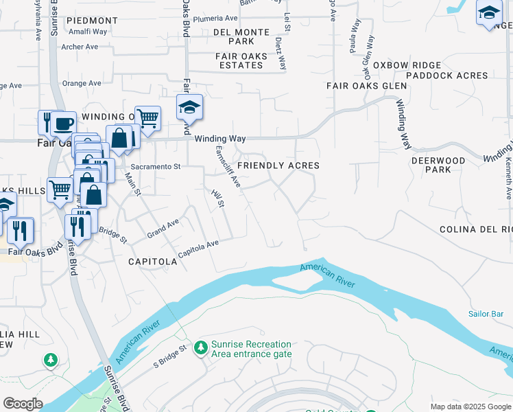 map of restaurants, bars, coffee shops, grocery stores, and more near 4104 Earnscliff Avenue in Fair Oaks