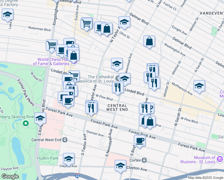 map of restaurants, bars, coffee shops, grocery stores, and more near 4440 Lindell Boulevard in St. Louis