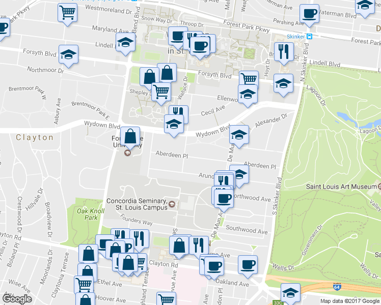 map of restaurants, bars, coffee shops, grocery stores, and more near 79 Aberdeen Pl in St Louis