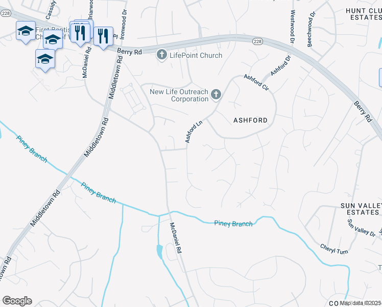 map of restaurants, bars, coffee shops, grocery stores, and more near 2331 Ashford Lane in Waldorf