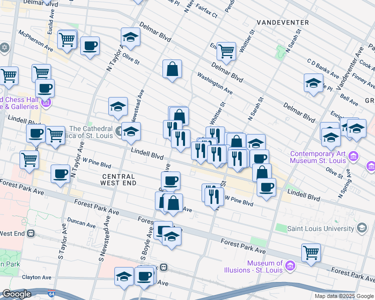 map of restaurants, bars, coffee shops, grocery stores, and more near 4228 Maryland Avenue in St. Louis