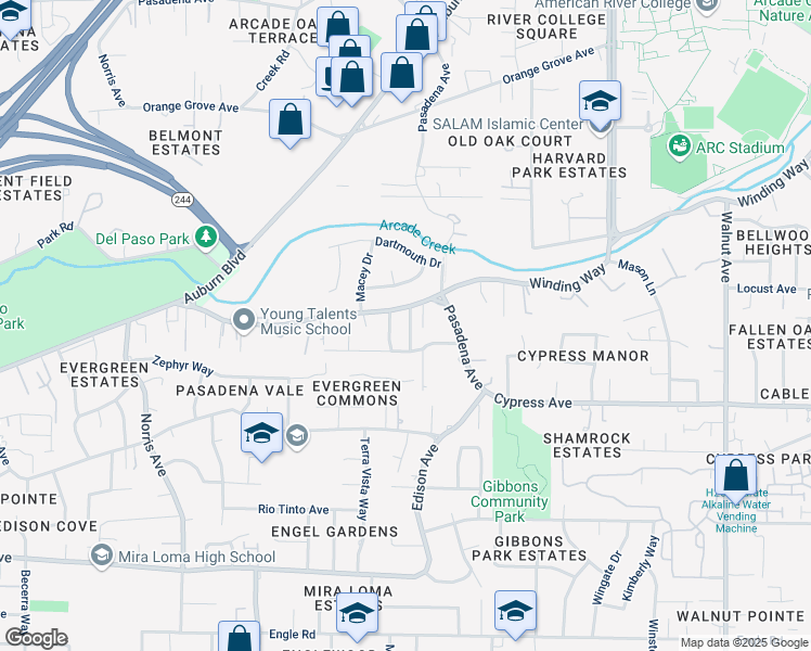 map of restaurants, bars, coffee shops, grocery stores, and more near 4220 Elva Way in Sacramento