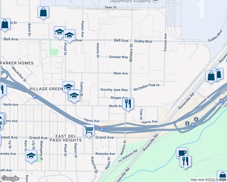 map of restaurants, bars, coffee shops, grocery stores, and more near 4151 Mogan Valley Street in Sacramento