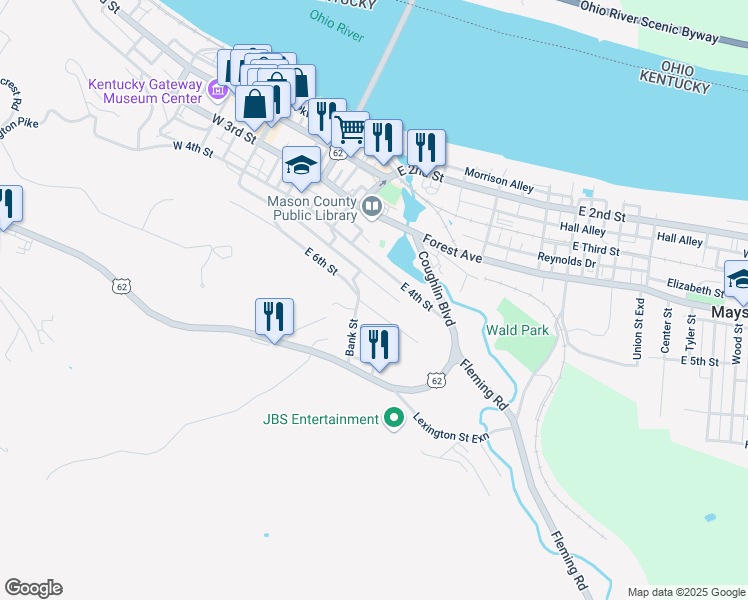 map of restaurants, bars, coffee shops, grocery stores, and more near 600 Bank Street in Maysville