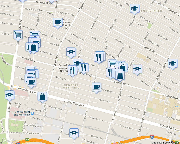 map of restaurants, bars, coffee shops, grocery stores, and more near 4331 Lindell Blvd in St Louis