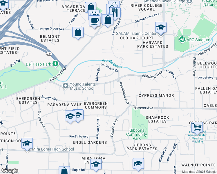 map of restaurants, bars, coffee shops, grocery stores, and more near 4220 Elva Way in Sacramento