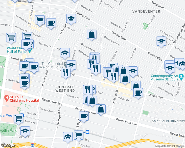 map of restaurants, bars, coffee shops, grocery stores, and more near 322 North Boyle Avenue in St. Louis