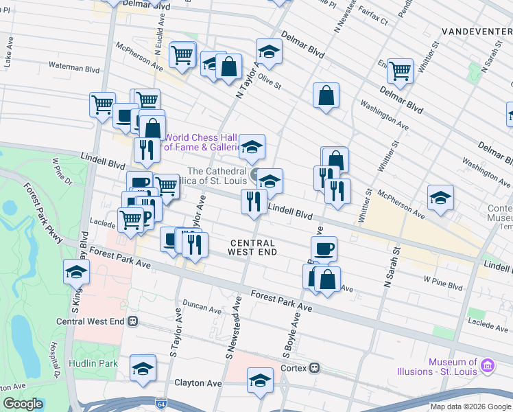 map of restaurants, bars, coffee shops, grocery stores, and more near 3026 Laclede Avenue in St. Louis