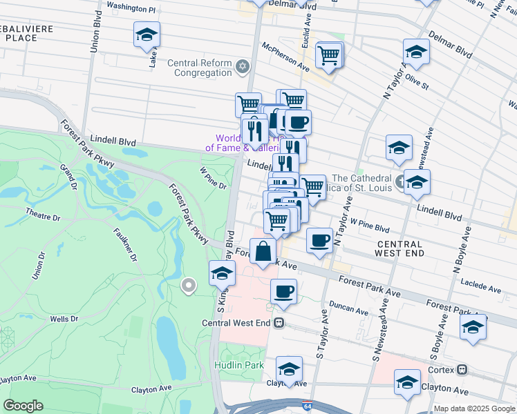 map of restaurants, bars, coffee shops, grocery stores, and more near 4961 Laclede Avenue in St. Louis