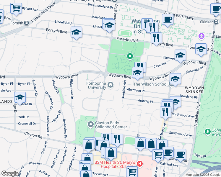 map of restaurants, bars, coffee shops, grocery stores, and more near in St. Louis