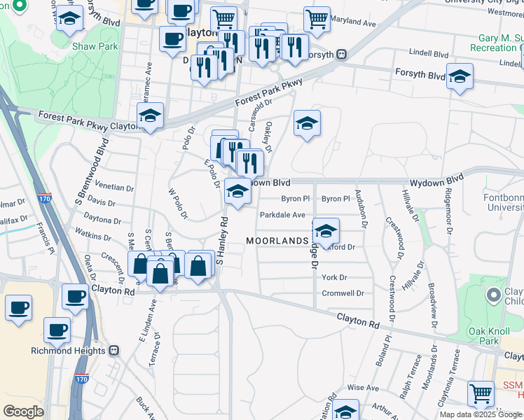 map of restaurants, bars, coffee shops, grocery stores, and more near 7575 Parkdale Avenue in Clayton