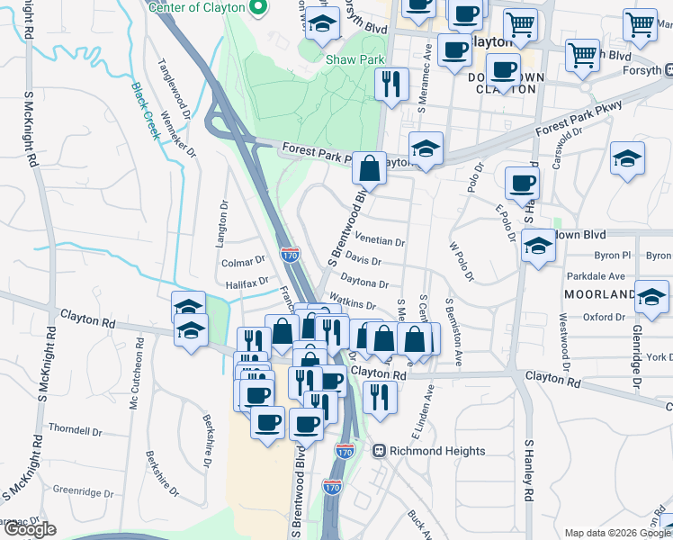 map of restaurants, bars, coffee shops, grocery stores, and more near 8049 Daytona Drive in Clayton