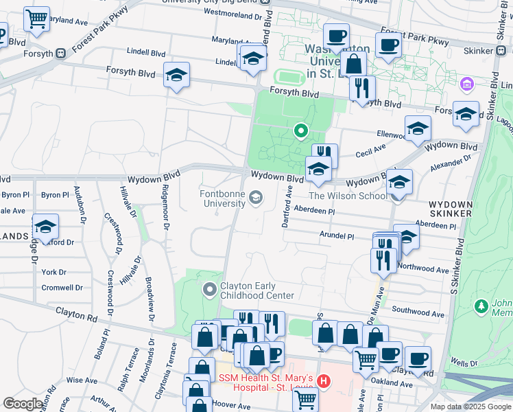 map of restaurants, bars, coffee shops, grocery stores, and more near in St. Louis