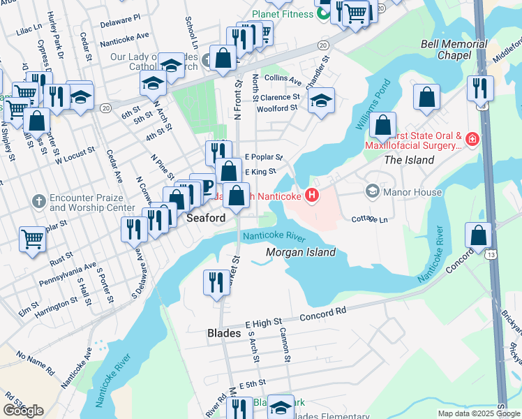 map of restaurants, bars, coffee shops, grocery stores, and more near 119 North Street in Seaford