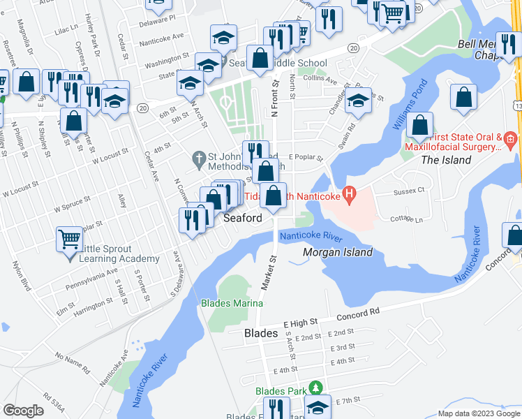 map of restaurants, bars, coffee shops, grocery stores, and more near 413 High Street in Seaford