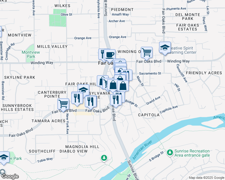 map of restaurants, bars, coffee shops, grocery stores, and more near 4160 Sunrise Blvd in Fair Oaks