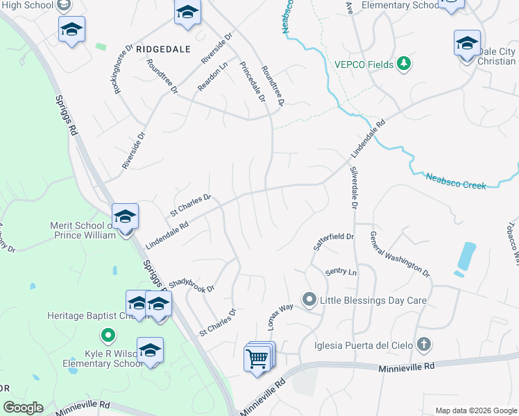 map of restaurants, bars, coffee shops, grocery stores, and more near 14357 Southgate Court in Woodbridge
