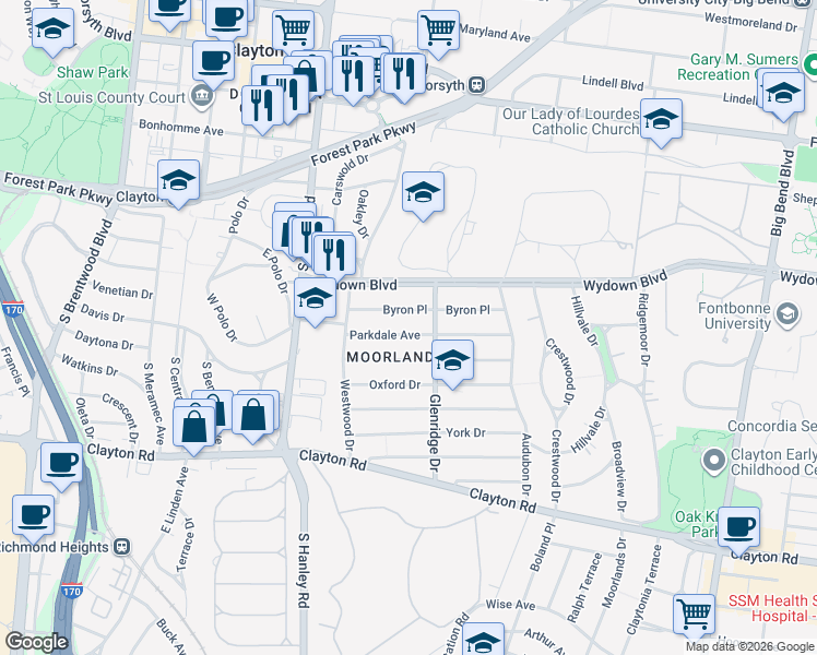 map of restaurants, bars, coffee shops, grocery stores, and more near 7537 Parkdale Avenue in Clayton