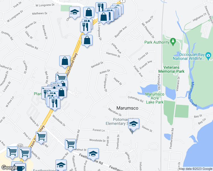 map of restaurants, bars, coffee shops, grocery stores, and more near 1331 East Longview Drive in Woodbridge
