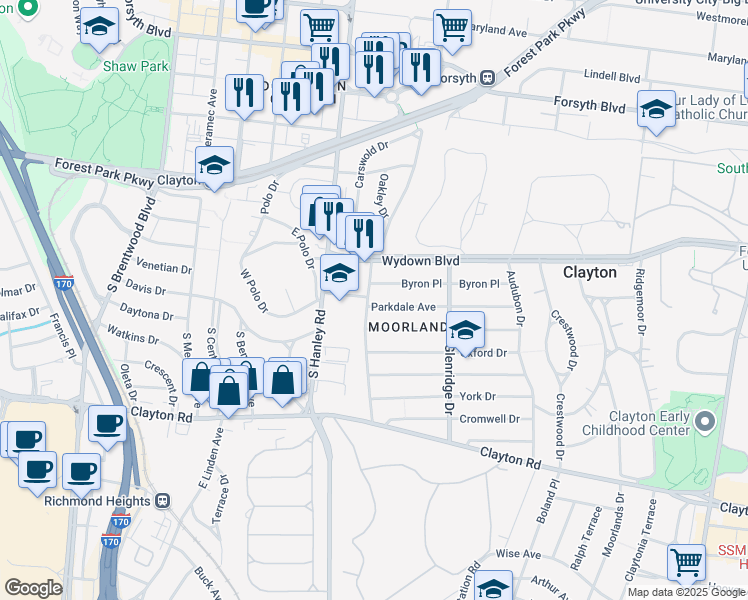 map of restaurants, bars, coffee shops, grocery stores, and more near 7575 Parkdale Avenue in Clayton
