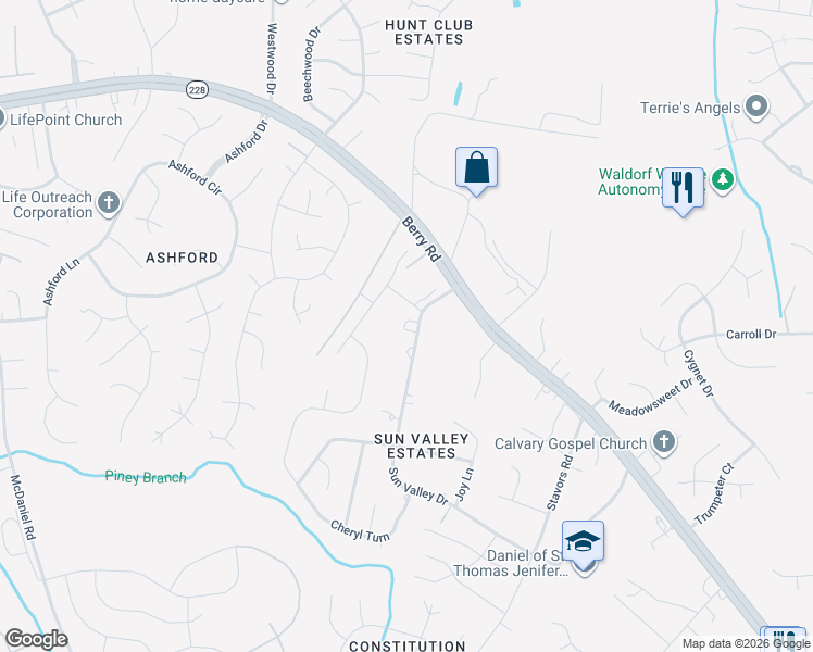 map of restaurants, bars, coffee shops, grocery stores, and more near 2593 Sun Valley Drive in Waldorf
