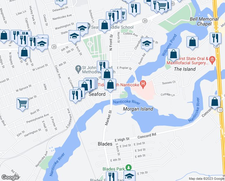 map of restaurants, bars, coffee shops, grocery stores, and more near 121 North Front Street in Seaford