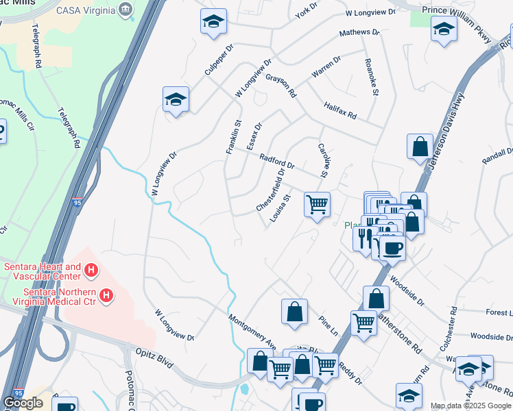 map of restaurants, bars, coffee shops, grocery stores, and more near 14314 Chesterfield Drive in Woodbridge