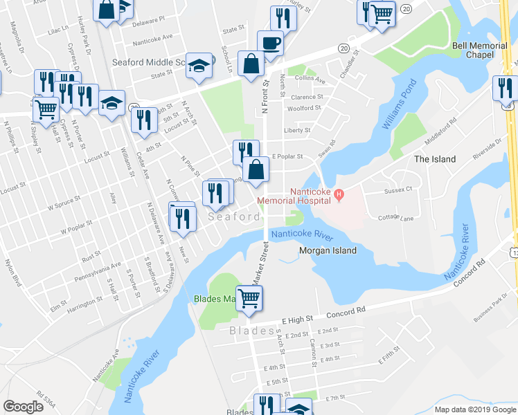 map of restaurants, bars, coffee shops, grocery stores, and more near Market Street in Seaford