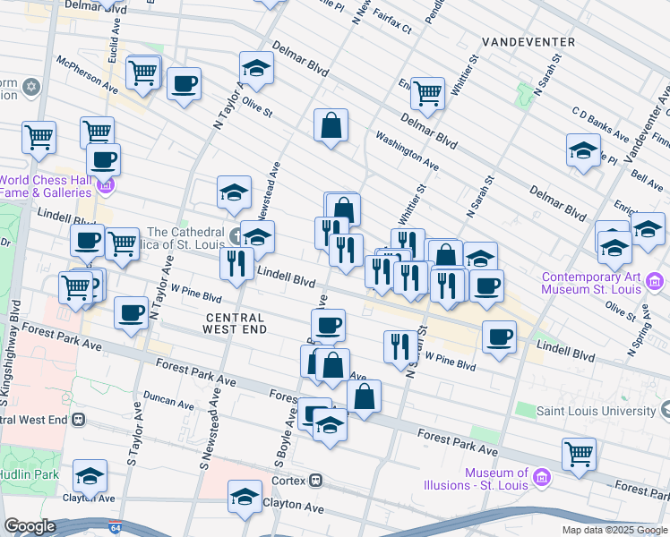 map of restaurants, bars, coffee shops, grocery stores, and more near 322 North Boyle Avenue in St. Louis