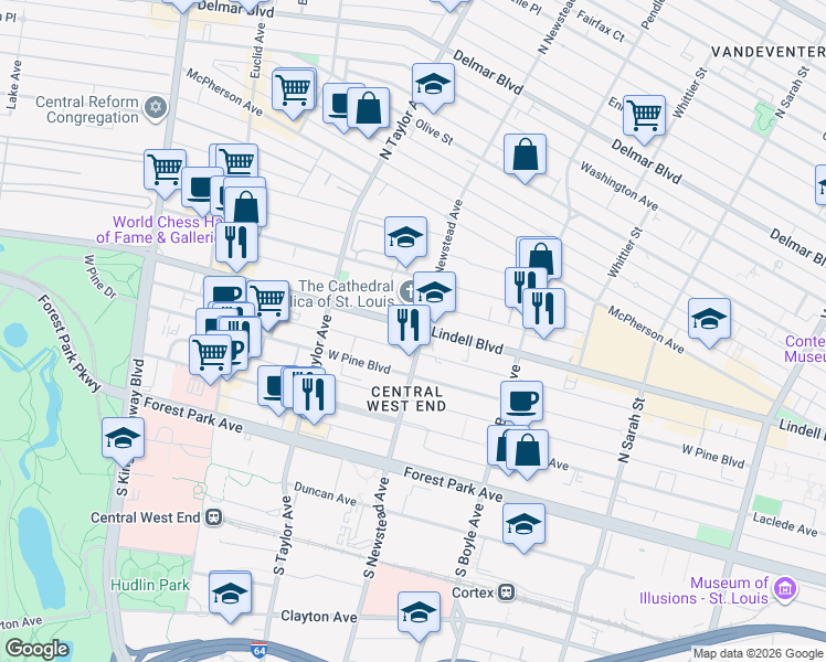 map of restaurants, bars, coffee shops, grocery stores, and more near 4400 Lindell Boulevard in St. Louis