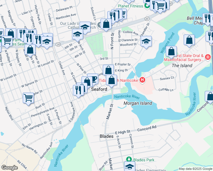 map of restaurants, bars, coffee shops, grocery stores, and more near 413 High Street in Seaford