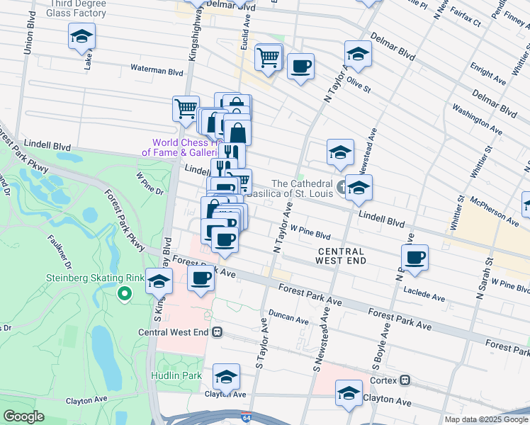 map of restaurants, bars, coffee shops, grocery stores, and more near 4531-4537 West Pine Boulevard in St. Louis